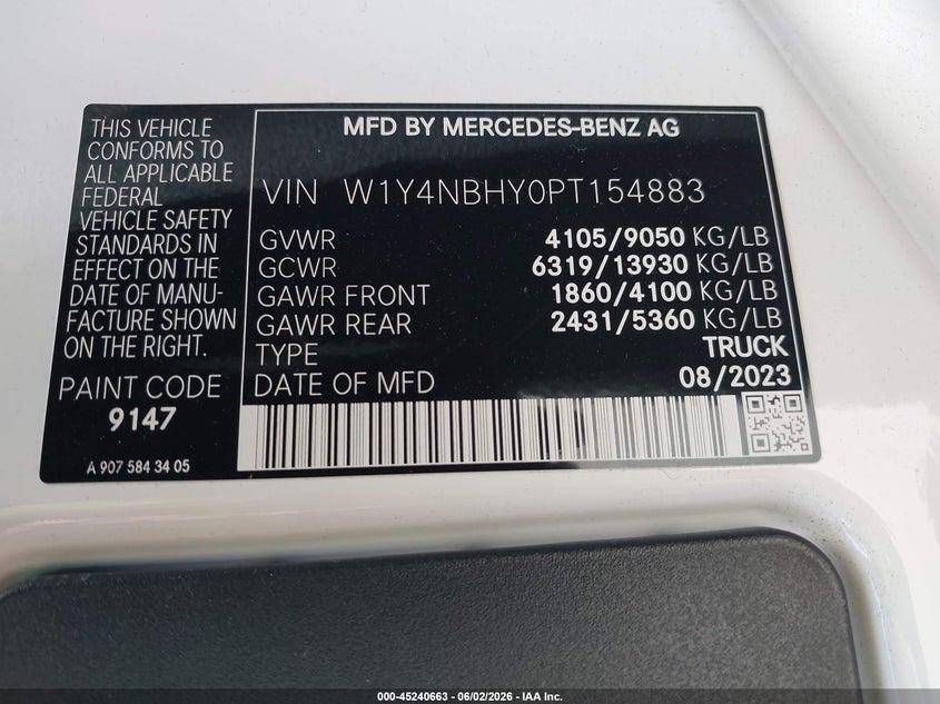 2023 Mercedes-Benz Sprinter 2500 Standard Roof 4-Cyl Diesel Ho VIN: W1Y4NBHY0PT154883 Lot: 45240663