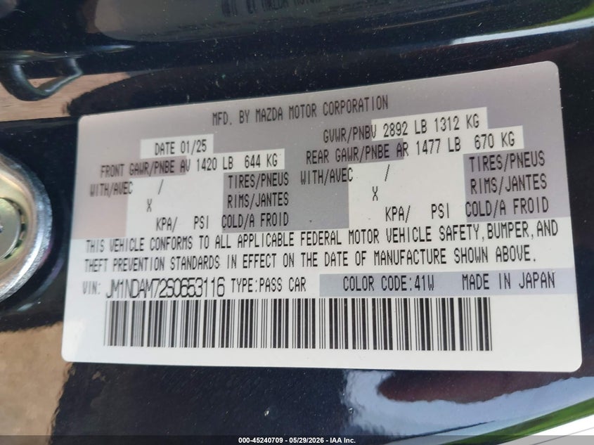 2025 Mazda Mx-5 Miata Rf Grand Touring VIN: JM1NDAM72S0653116 Lot: 45240709