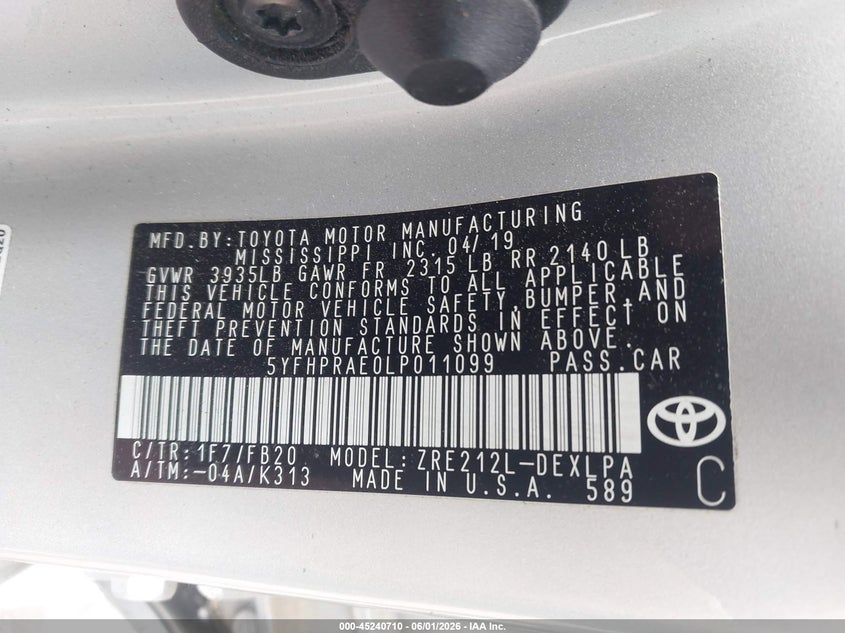 VIN 5YFHPRAE0LP011099 2020 TOYOTA COROLLA LE