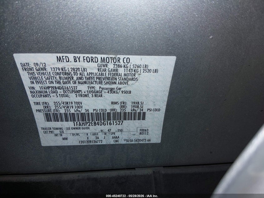 2013 Ford Taurus Sel VIN: 1FAHP2E84DG161527 Lot: 45240722