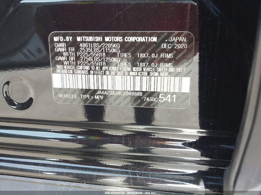 2020 Mitsubishi Outlander Es 2.4 S-Awc/Le 2.4 S-Awc/Se 2.4 S-Awc/Sel 2.4 S-Awc/Sp 2.4 S-Awc VIN: JA4AZ3A34LZ048888 Lot: 45240728