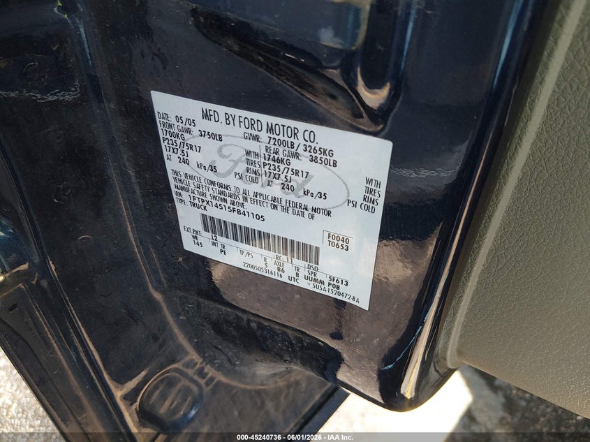 2005 Ford F-150 5.4 Fx4/Lariat/Xl/Xlt blue Lot 111045240736 Vin 1FTPX14515FB41105