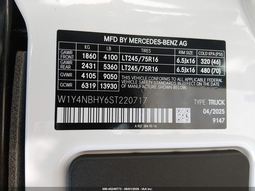 2025 Mercedes-Benz Sprinter 2500 Standard Roof 4-Cyl Diesel Ho VIN: W1Y4NBHY6ST220717 Lot: 45240773