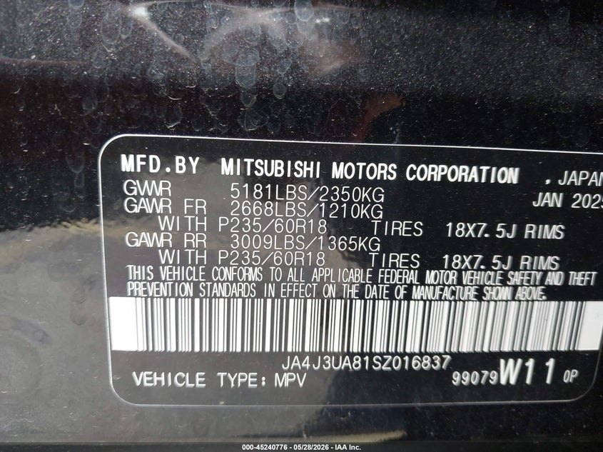 MITSUBISHI OUTLANDER 2025 VIN JA4J3UA81SZ016837