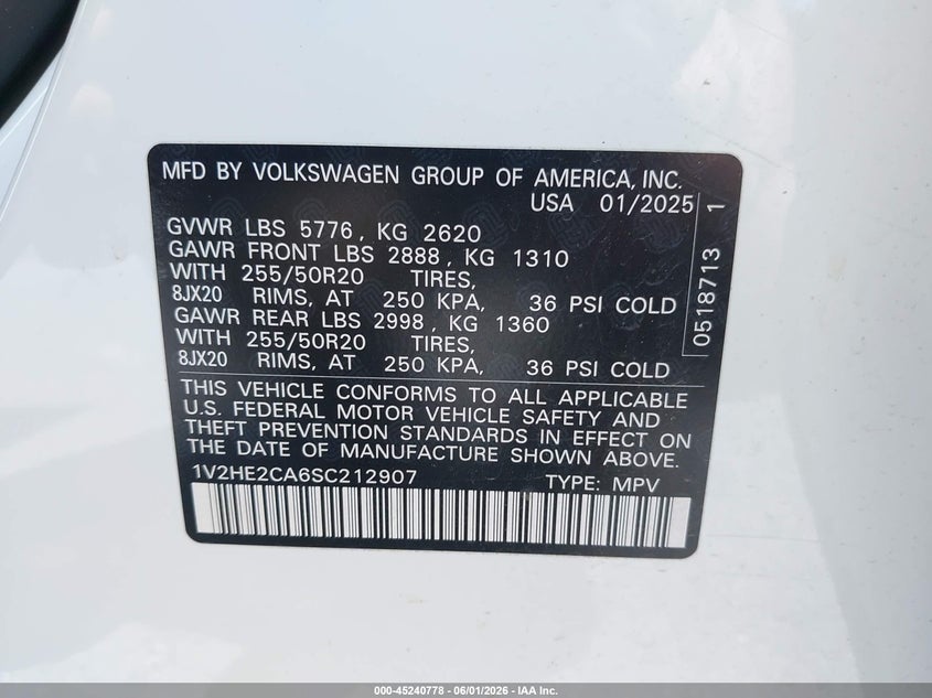 2025 Volkswagen Atlas Cross Sport 2.0T Se W/Technology VIN: 1V2HE2CA6SC212907 Lot: 45240778