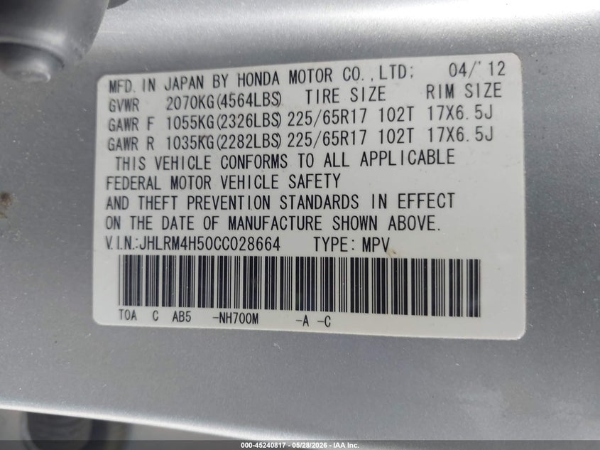 2012 Honda Cr-v 2.4 Ex Silver Lot 111045240817 Vin JHLRM4H50CC028664