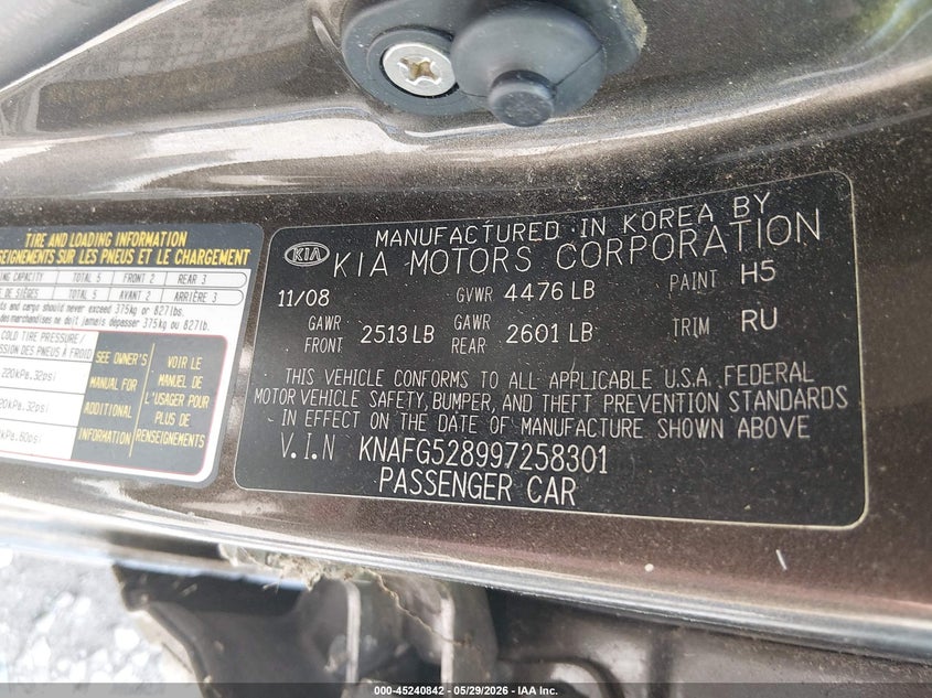2009 Kia Rondo Lx VIN: KNAFG528997258301 Lot: 45240842