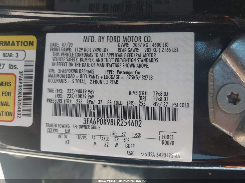 VIN 3FA6P0K98LR254602 2020 FORD FUSION TITANIUM