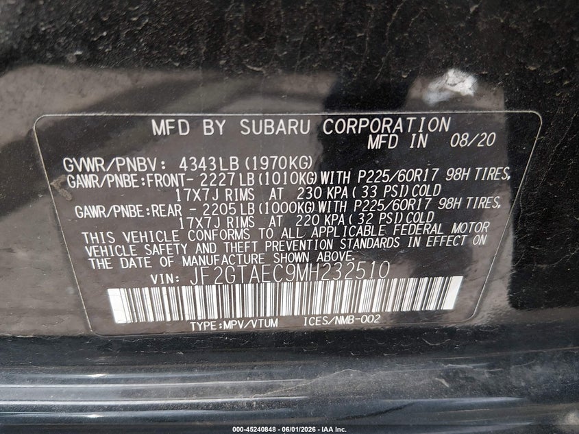 2021 SUBARU XV SPORT UTILITY VEHICLE 2.0L H-4 DI, DOHC, VVT, 152HP