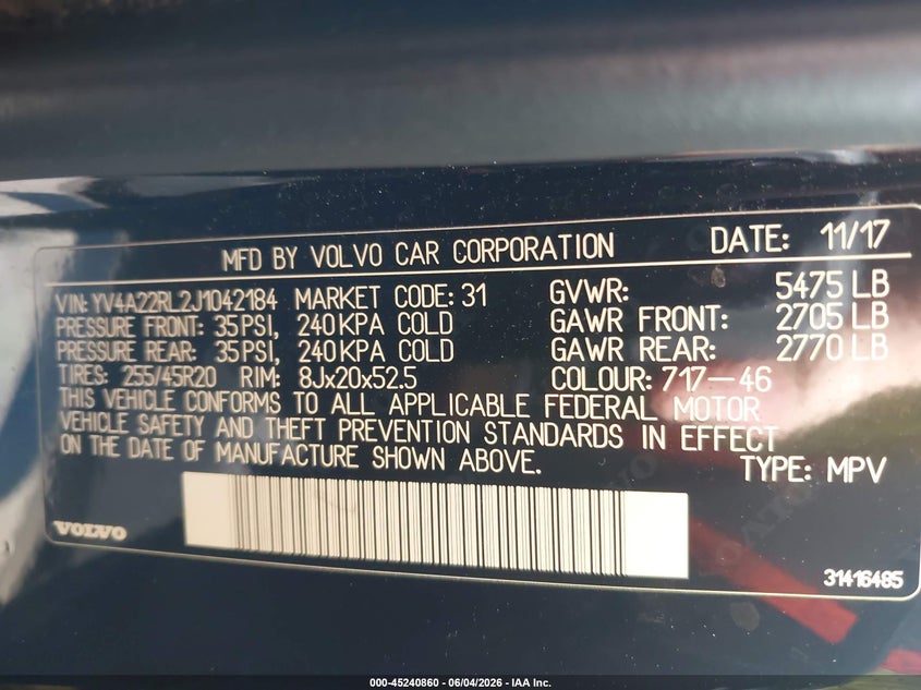 2018 Volvo Xc60 T6 Inscription VIN: YV4A22RL2J1042184 Lot: 45240860
