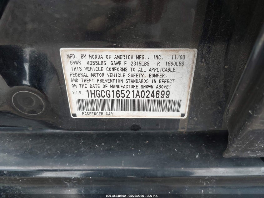 2001 Honda Accord 3.0 Ex VIN: 1HGCG16521A024699 Lot: 45240862