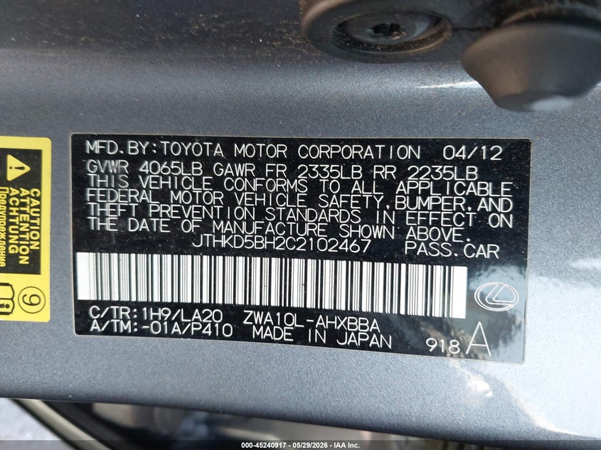 JTHKD5BH2C2102467 2012 Lexus Ct 1.8 Ct 200H Premium grey