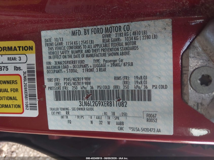 2014 Lincoln Mkz VIN: 3LN6L2G9XER811082 Lot: 45240919