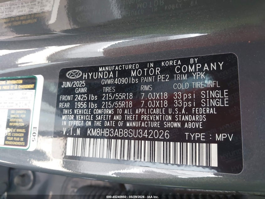 2025 Hyundai Kona Sel VIN: KM8HB3AB8SU342026 Lot: 45240950