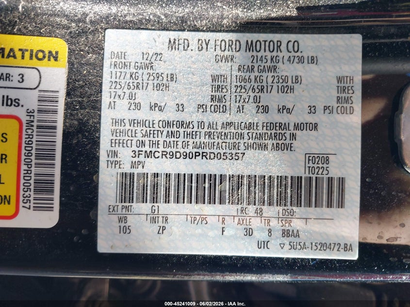 2023 Ford Bronco Sport Badlands VIN: 3FMCR9D90PRD05357 Lot: 45241009