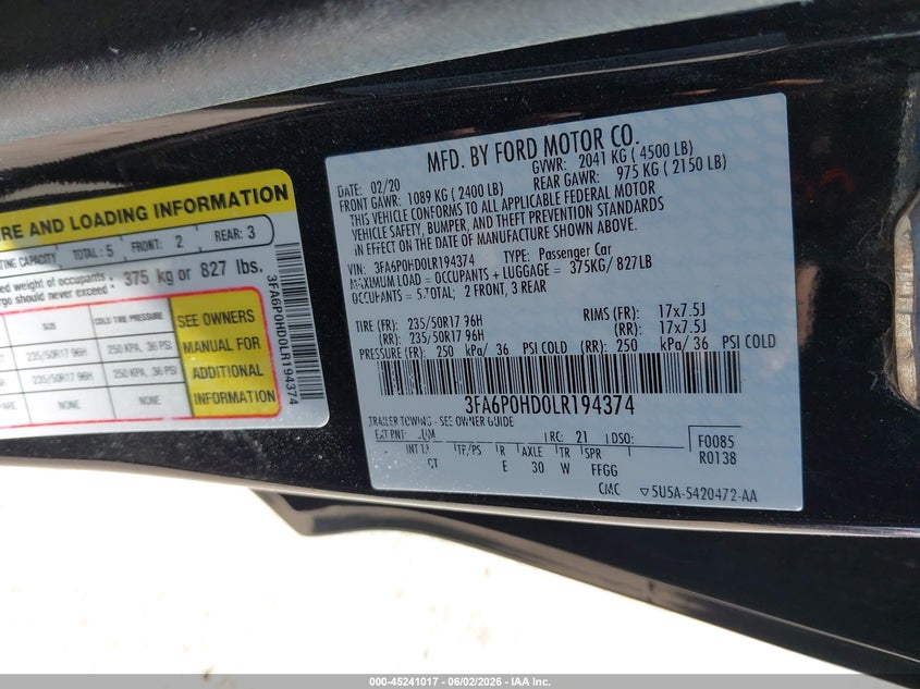 VIN 3FA6P0HD0LR194374 2020 FORD FUSION SE