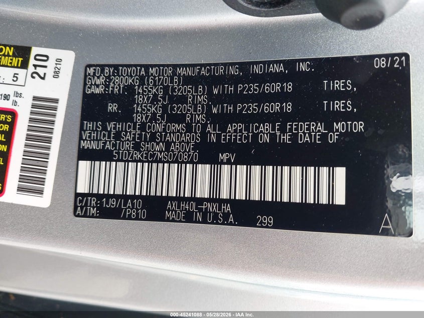 2021 Toyota Sienna Limited VIN: 5TDZRKEC7MS070870 Lot: 45241088