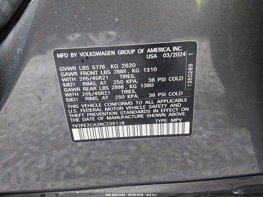 2024 Volkswagen Atlas Cross Sport 2.0T Sel Premium R-Line VIN: 1V2FE2CA2RC239118 Lot: 45241092