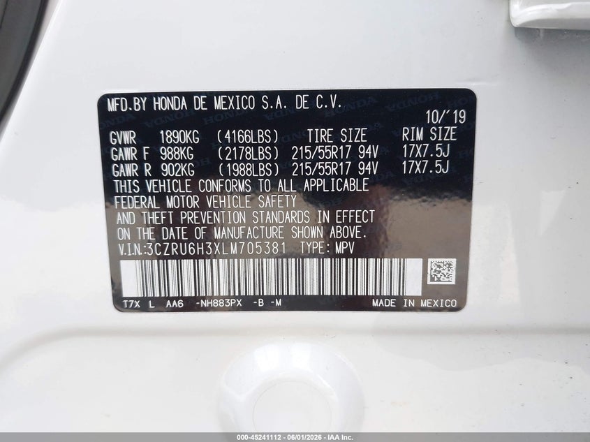 2020 Honda Hr-V Awd Lx VIN: 3CZRU6H3XLM705381 Lot: 45241112