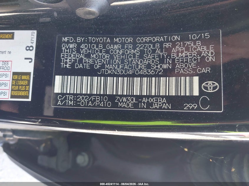 2015 Toyota Prius VIN: JTDKN3DU4F0483672 Lot: 45241114