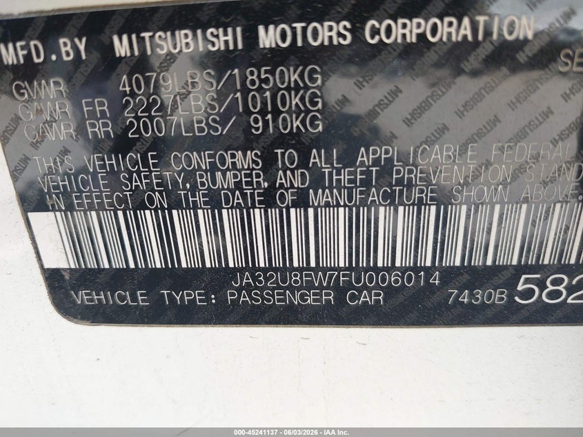 2015 Mitsubishi Lancer Gt VIN: JA32U8FW7FU006014 Lot: 45241137