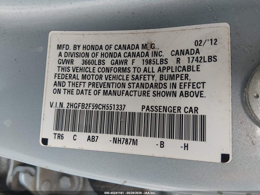 2012 Honda Civic 1.8 Lx blue Lot 111045241161 Vin 2HGFB2F59CH551337