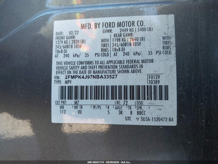 FORD EDGE 2022 VIN 2FMPK4J97NBA33527