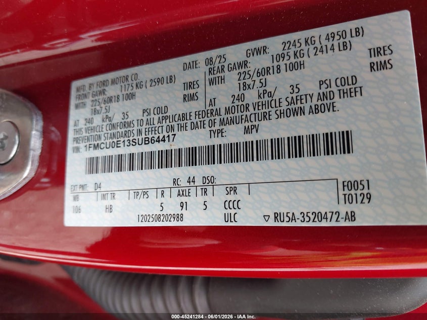 VIN 1FMCU0E13SUB64417 2025 FORD ESCAPE PHEV