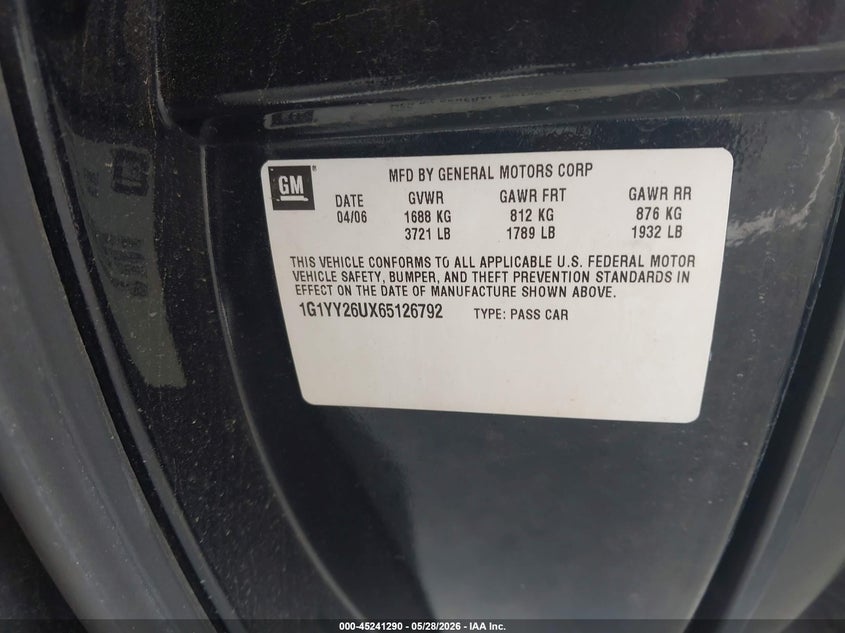 2006 Chevrolet Corvette VIN: 1G1YY26UX65126792 Lot: 45241290
