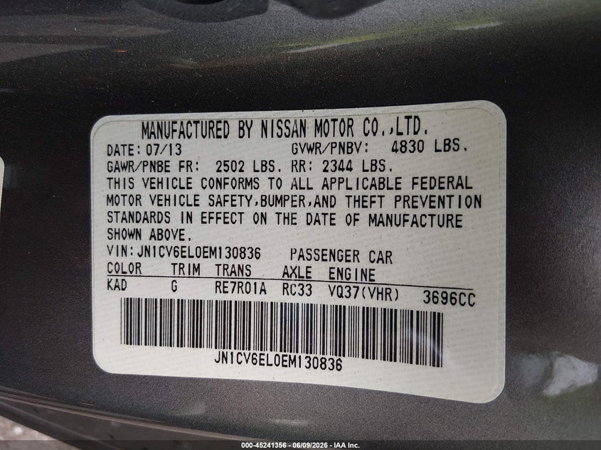 2014 Infiniti Q60 VIN: JN1CV6EL0EM130836 Lot: 45241356