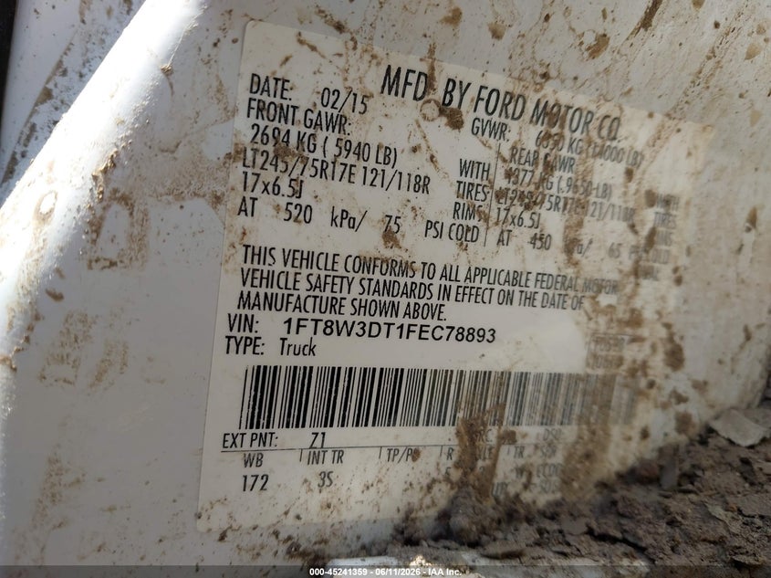 2015 Ford F-350 Xlt VIN: 1FT8W3DT1FEC78893 Lot: 45241359