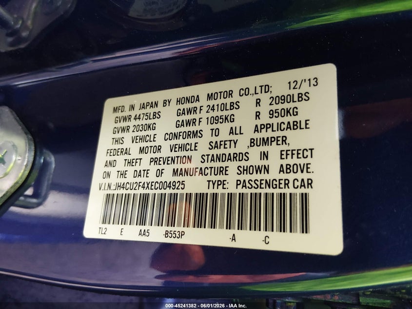 2014 Acura Tsx 2.4 VIN: JH4CU2F4XEC004925 Lot: 45241382