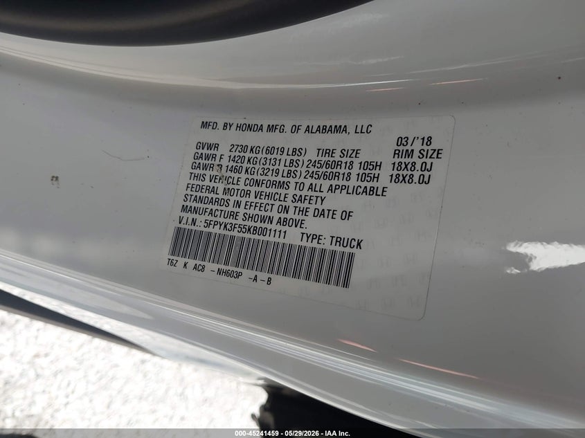 2019 Honda Ridgeline Rtl VIN: 5FPYK3F55KB001111 Lot: 45241459