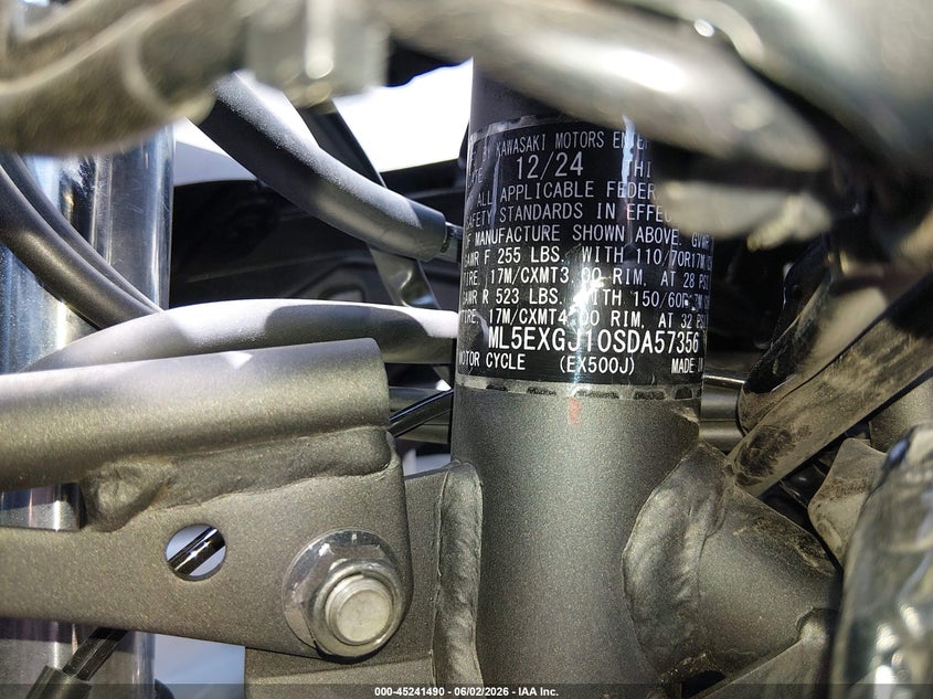 2025 Kawasaki Ex500 A/B VIN: ML5EXGJ10SDA57356 Lot: 45241490