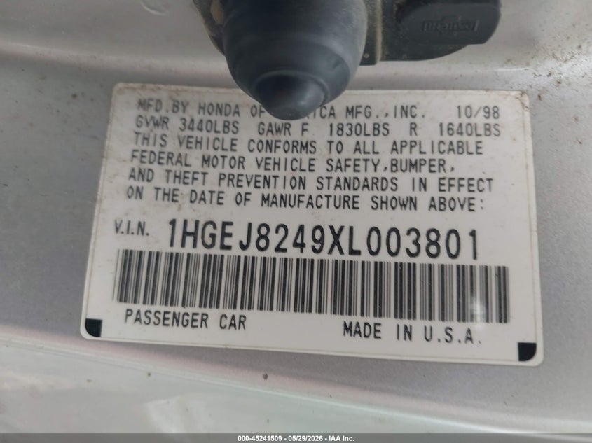 1999 Honda Civic Ex VIN: 1HGEJ8249XL003801 Lot: 45241509