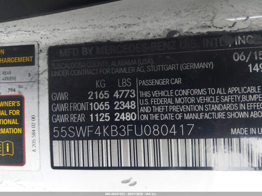 2015 Mercedes-Benz C 300 4Matic VIN: 55SWF4KB3FU080417 Lot: 45241522