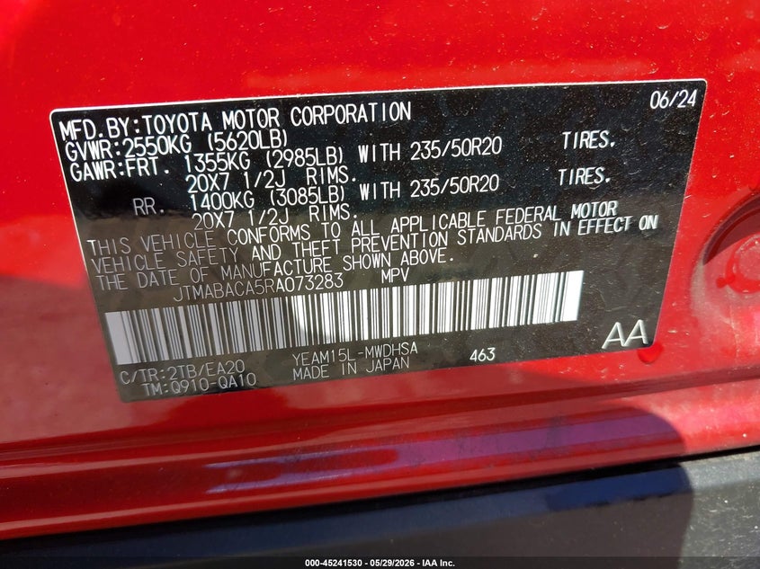2024 Toyota Bz4X Limited VIN: JTMABACA5RA073283 Lot: 45241530