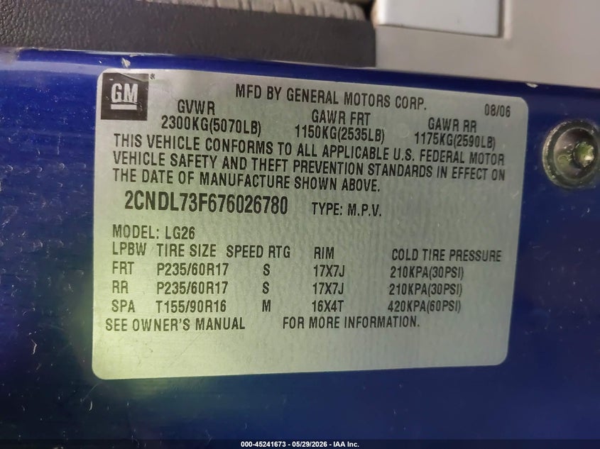 2007 Chevrolet Equinox Lt VIN: 2CNDL73F676026780 Lot: 45241673