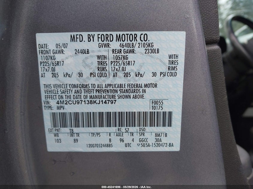 2008 Mercury Mariner Premier VIN: 4M2CU97138KJ14797 Lot: 45241696