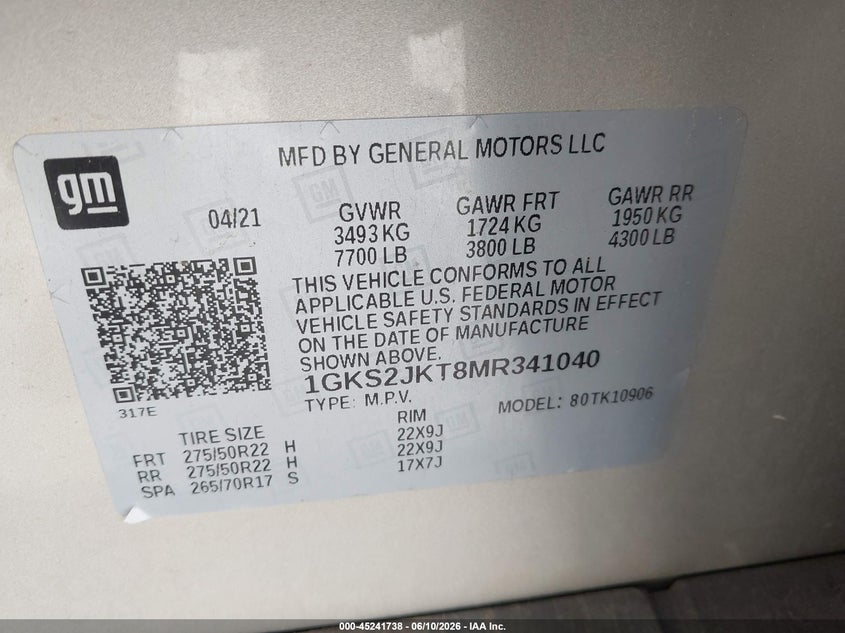 2021 GMC YUKON XL 3.0L I-6 DI, DOHC, V(VIN: 1GKS2JKT8MR341040