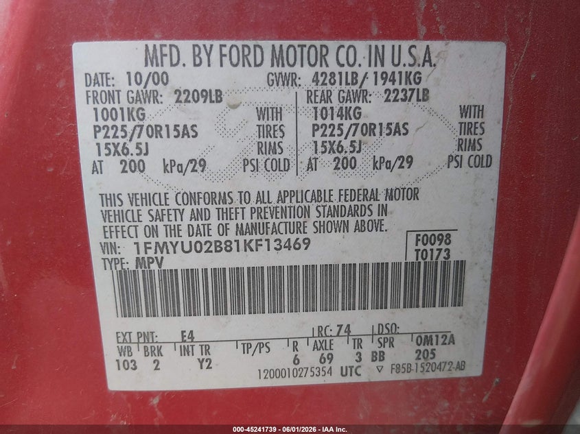 2001 Ford Escape Xls VIN: 1FMYU02B81KF13469 Lot: 45241739
