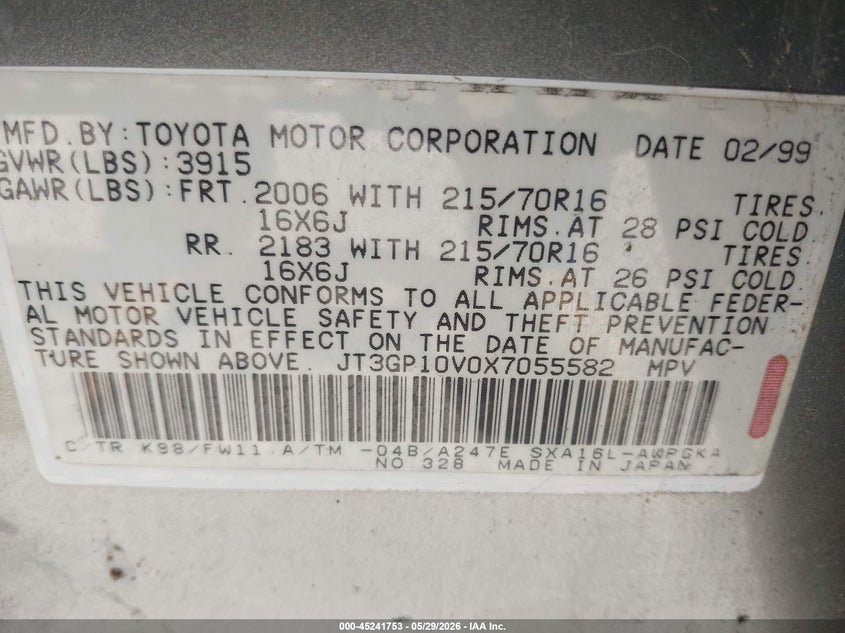 1999 Toyota Rav4 VIN: JT3GP10V0X7055582 Lot: 45241753