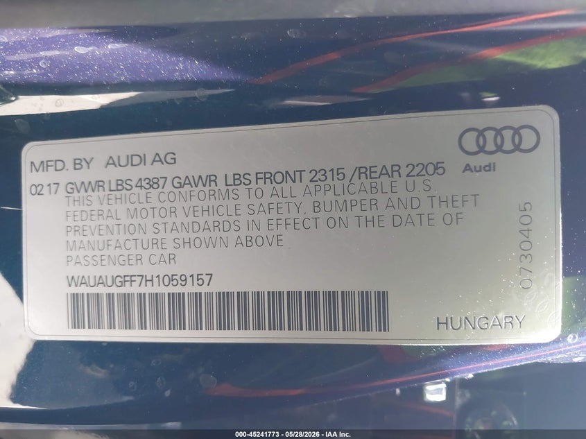 2017 Audi A3 2.0T Premium VIN: WAUAUGFF7H1059157 Lot: 45241773