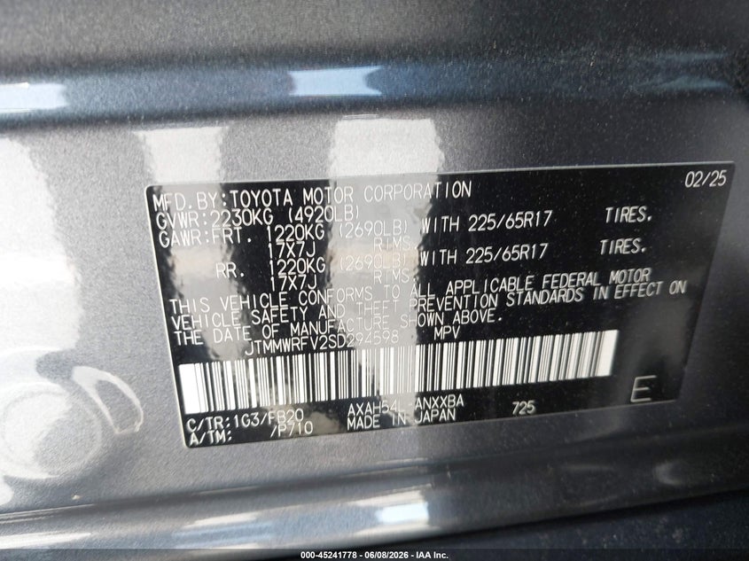 2025 TOYOTA RAV4 HYBRID 2.5L I-4 DI, DOHC, V(VIN: JTMMWRFV2SD294598