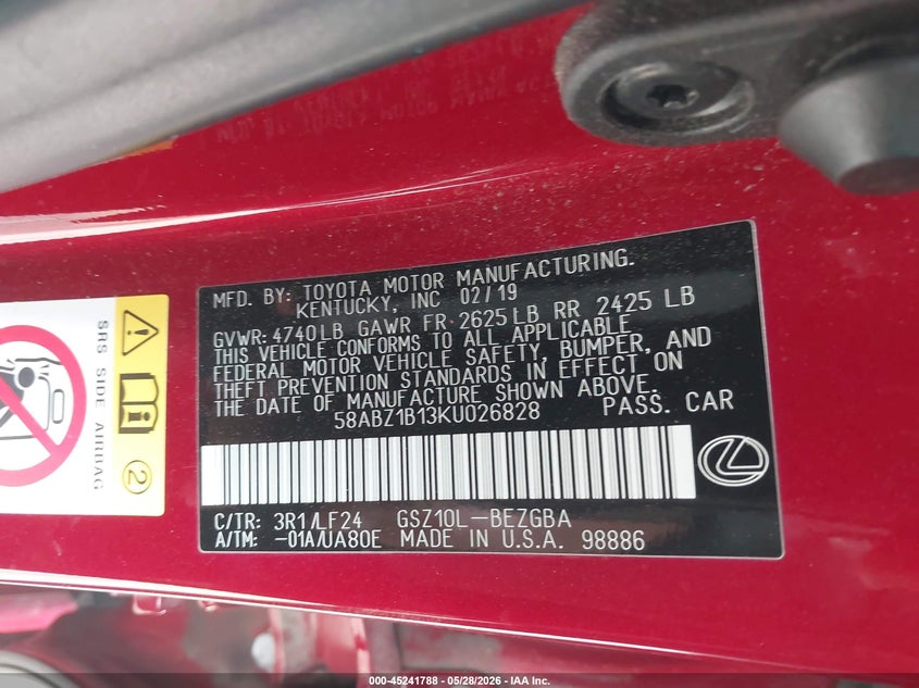 2019 Lexus Es 350 F Sport VIN: 58ABZ1B13KU026828 Lot: 45241788