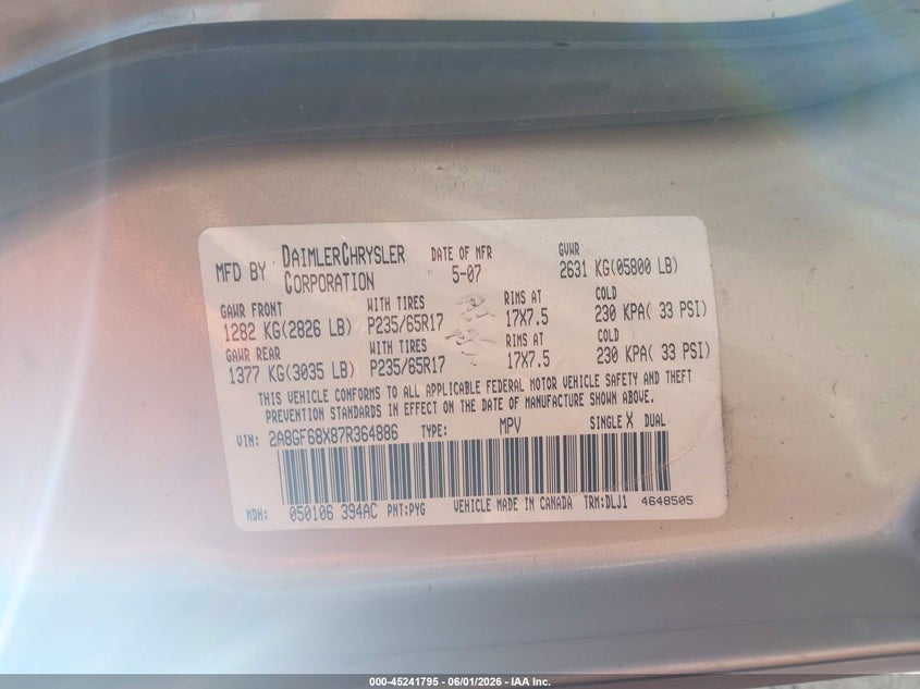 2007 Chrysler Pacifica Touring VIN: 2A8GF68X87R364886 Lot: 45241795