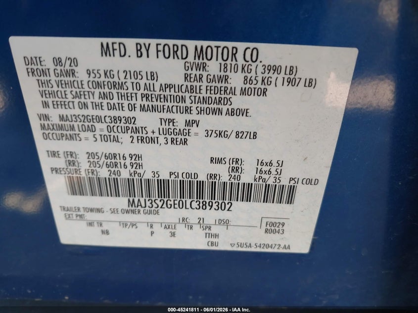 2020 Ford Ecosport Se VIN: MAJ3S2GE0LC389302 Lot: 45241811