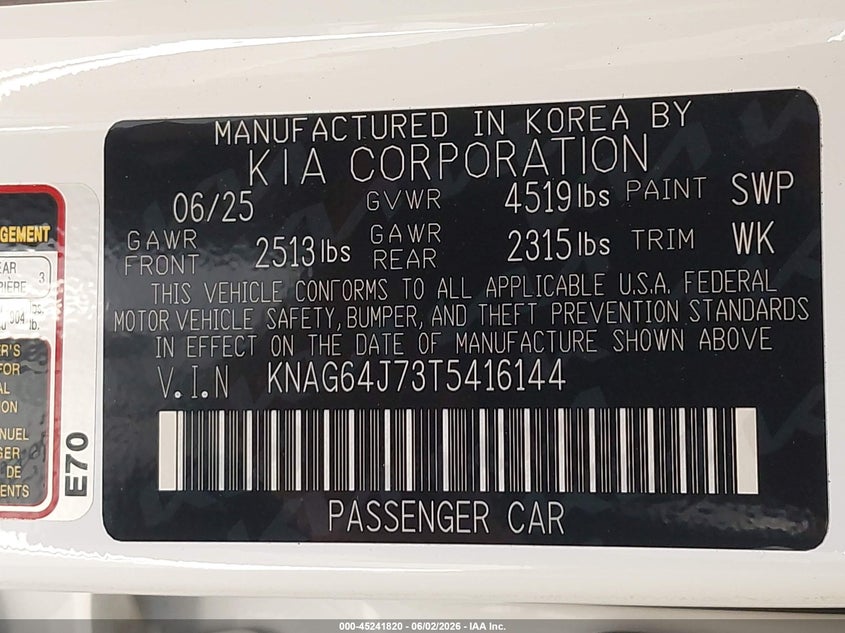 2026 Kia K5 Gt-Line Awd VIN: KNAG64J73T5416144 Lot: 45241820