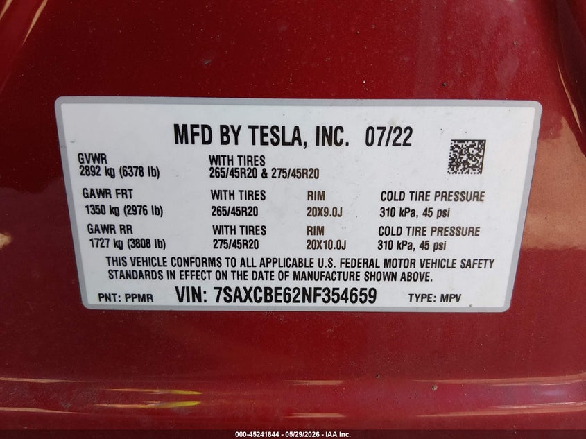 2022 Tesla Model X Plaid Tri Motor All-Wheel Drive VIN: 7SAXCBE62NF354659 Lot: 45241844