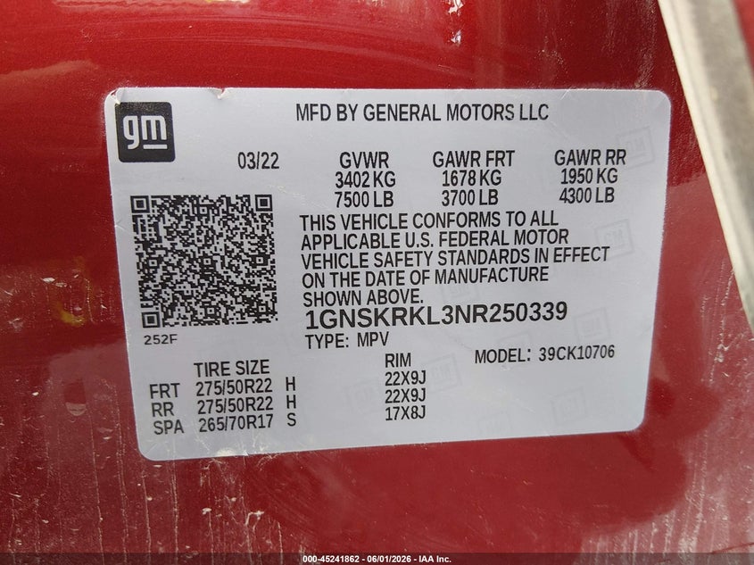 2022 Chevrolet Tahoe 4Wd Rst VIN: 1GNSKRKL3NR250339 Lot: 45241862